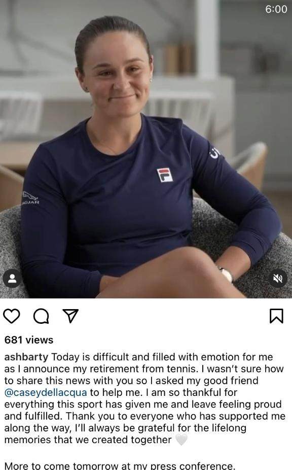 开云官方直播-张奔斗：25岁的女网世界第一巴蒂退役了，这很巴蒂